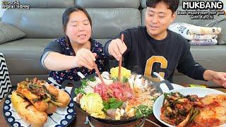 뜨끈한 전골땡기는날! 소고기버섯전골, 김장김치(알타리김치,배추김치,파김치)ㅣBeef mushroom hot pot with Kimchi ㅣMUKBANGㅣEATING SHOW