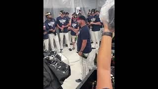 Stephen Vogt addresses the Guardians after clinching a postseason berth in his 1st year as manager 