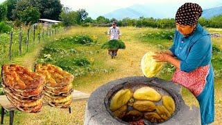 AZERBAIJAN BREAD - Sweet Grandma Baked Tandoori Bread and Crispy Chicken in the Village