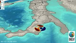 SHAKEMOVIE: propagazione onde sismiche del terremoto Mw 5.0 - 1/08/2024 - Pietrapaola (Cosenza)