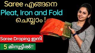 How to Pre-Pleat, Iron and Fold Saree for Packing | Malayalam | Keerthi's Katalog