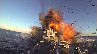 Norwegian Naval Strike Missile (NSM) hits the HNoMS Trondheim, during test firing.