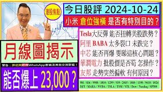 月線圖揭示 港股能否爆上23,000/小米 倉位強有特別目的？/阿里 太多裂口 未跌完？/中芯 能否再爆 睇這核心問題/華潤電力 批股價是否筍/友邦 走勢為何突然偏軟/2024-10-24