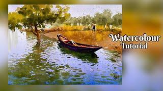 Watercolor Landscape Painting: Boat, Trees, and Reflections Tutorial I Watercolor Painting I