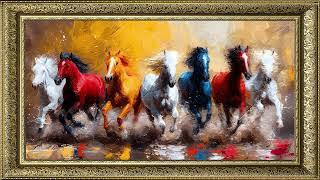 the art corner tv wallpaper  a vibrant oil painting featuring six horses in a dynamic pose,