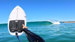 SURFING A NEW BOARD IN CLEAN BEACH BREAK WAVES! (RAW POV)