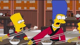 The Simpson Marge and Bart eating dumplings with long chopsticks