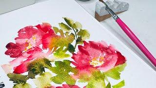 Watercolor Wild roses created with two steps, and a few leaves. You will LOVE this technique