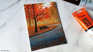 Autumn Scenery Painting | Easy Acrylic Painting Tutorial for Beginners Step by Step | Mini Canvas