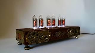 Nixie tube clock "Steampunk" Oak, colour oak, patinated brass, IN-14