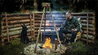 Coziest Bushcraft Campfire Place Near a Wild Forest Hut, Forest Furniture, Cooking in the Forest