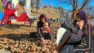 "Love and Effort: Narges and Her Twins Building a Stone Porch ️"