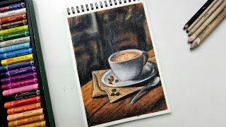 Oil Pastel Drawing - Coffee Cup ️ Drawing | Realistic drawing with oil pastel | Step by step