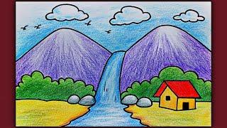 Simple Landscape Scenery Drawing for Beginners | Easy Waterfall Scenery Drawing with Color