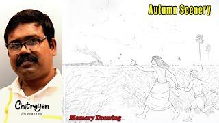 Autumn Season Scenery Drawing | Durga Puja Scenery Drawing | Apu Durga Scenery Drawing Step By Step