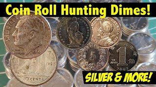 Silver, MORE SILVER, + A Stack of FOREIGN Coins! Coin Roll Hunting Canadian Dimes!