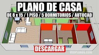 Plano de casa simple de 8x15 mtrs y 5 dormitorios  ¡Para Descargar!