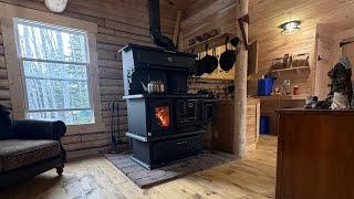 Log Cabin Built in the North, New cooking wood stove,getting ready before winter storm.