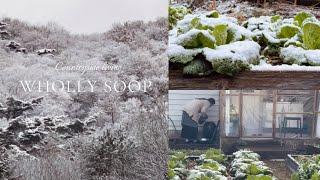 A cozy secluded house in the mountains with the first snow, a self-sufficient life, homemade K-food