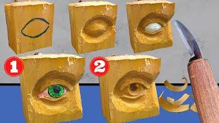 2 techniques for CARVING AN EYE in wood , WOOD CARVING for beginners step by step