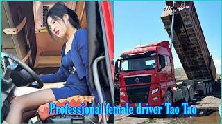 Classy female trailer truck driver specializes in transporting scrap