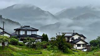 Walking in the Rain, Japanese Countryside village Nakasendo Nature Walk, Rain and City Sounds