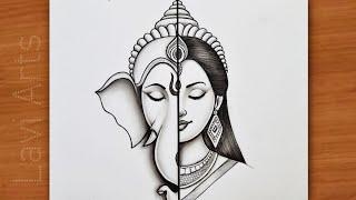 Ganesh Lakshmi Half Face drawing for Diwali (Step by Step) | Lakshmi Ganesh drawing | Diwali Drawing