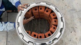 Ideas of making a smokeless stove outdoor from washing machine drum and old tires, cement