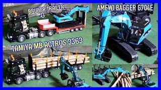 AMEWI EXCAVATOR G704E RC BAGGER MIT MB ACTROS 3363 GIGA RC TRUCK + AUFLIEGER BEIM STAMMHOLZ ABLADEN