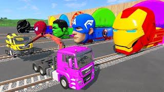 TRANSPORTING PIXAR CARS & FRUITS WITH COLORED & JOHN DEERE vs CLAAS vs TRACTORS - BeamNG.drive #983