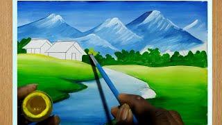 how to draw beautiful scenery painting with poster color,poster color scenery painting step by step,