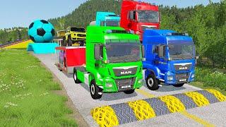 Double Flatbed Trailer Truck vs Speedbumps Train vs Cars | Tractor vs Train Beamng.Drive 051