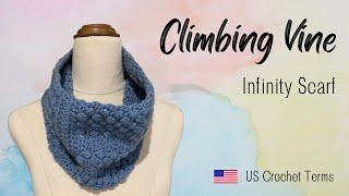 Crochet Infinity Scarf with Bean Stitch Pattern from 8 Ply DK Yarn - Climbing Vine Scarf for Women