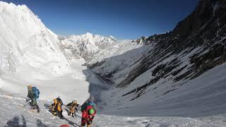 Lhotse face climbing Mt. Everest.  Crowded this day