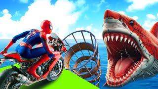 GTA V Epic New Stunt Race For Car Racing | Superheroes ride on the bridge of Spider Mcqueen by Shark