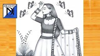 How to draw a Traditional Girl -Pencil sketch || Girl drawing for beginner || Girl drawing || Sketch