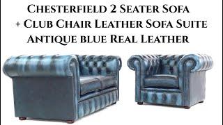 Chesterfield 2 Seater Sofa + Club Chair Leather Sofa Suite Antique blue Real Leather