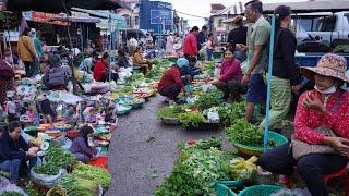 Daily Lifestyle Of Vendors Selling Food On The Street In Cambodia - Early Morning Food Market Scene