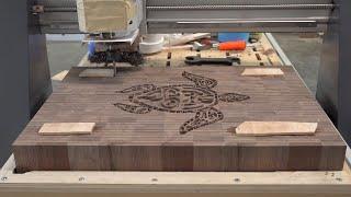 Hawaiian Sea Turtle cutting board / butcher block. CNC woodworking. CNC Inlay. 4K Video.