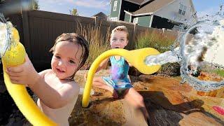 Backyard WATER GAME!!  Weekend family routine, Navey Walking, Duck Park, Bear Breakfast & Swimming!