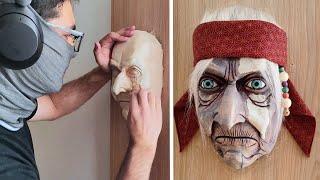 Carving a wooden decorative mask of Indian sorcerer's head | ASMR Wood Carving