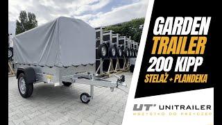 Przyczepka samochodowa Unitrailer Garden Trailer 200 KIPP ze stelażem H-800 i plandeką.