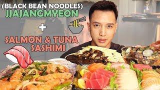 mukbang •  JJAJANGMYEON 짜장면 (BLACK BEAN NOODLES) and  SALMON & TUNA SASHIMI