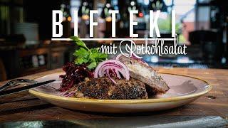 Bifteki Steaks mit orientalischem Rotkohlsalat – Kochen im Tal