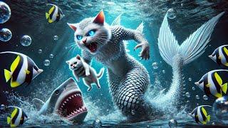 The Mermaid Cat Fights the Shark and saves the Kitten