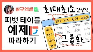 피벗테이블 - 3. 값설정과 그룹화 (최대/최소값, 비율 + 날짜 그룹 예제)