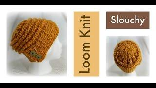 How to Loom Knit Hat Slouchy Beanie with Flap-Over Brim  | Knit and Purl Stitch | Loomahat