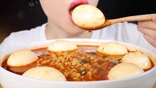 ASMR Soft Boiled Eggs in Soupy Fire Noodles Eating Sounds Mukbang