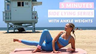 5 Min Pilates Side Lying Leg Series Ankle Weights // At Home Pilates, Pilates Legs, Knee Friendly