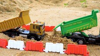 Story police car and toy dinosaur in cave | sand dump truck problem rescue by crane